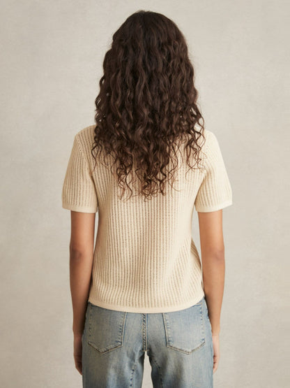 Cotton-Blend Open-Knit Polo Shirt in Ivory | Reiss Women Featured