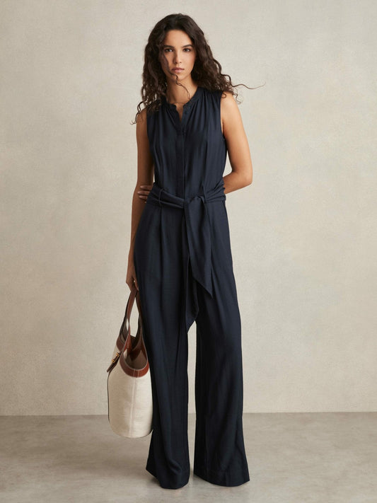 Wide-Leg Belted Jumpsuit in Navy | Reiss Women Recommended