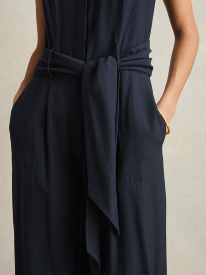 Wide-Leg Belted Jumpsuit in Navy | Reiss Women Recommended