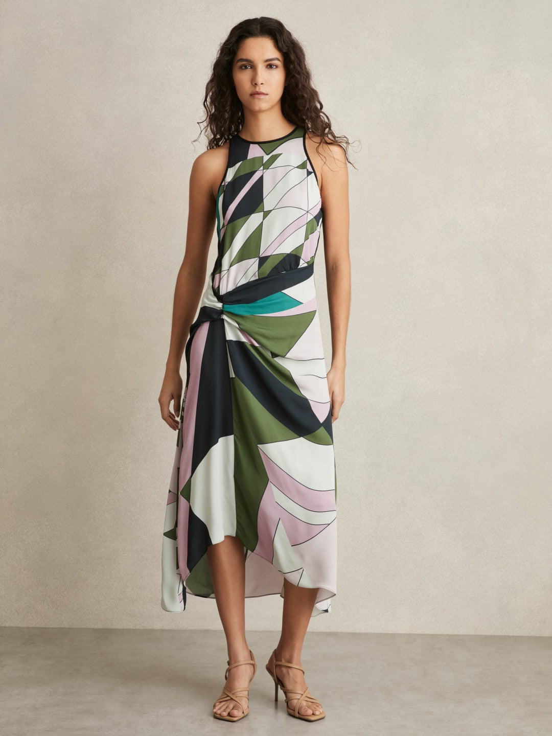 Geometric-Print Gathered Midi Dress in Green | Reiss Women Featured