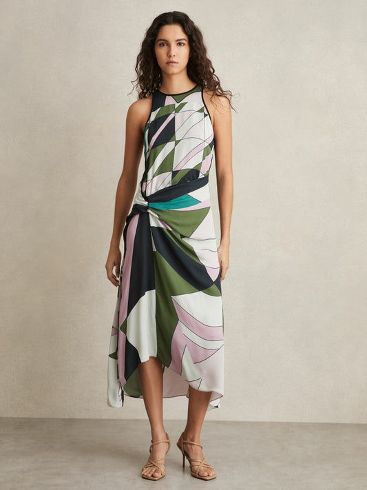 Geometric-Print Gathered Midi Dress in Green | Reiss Women Featured