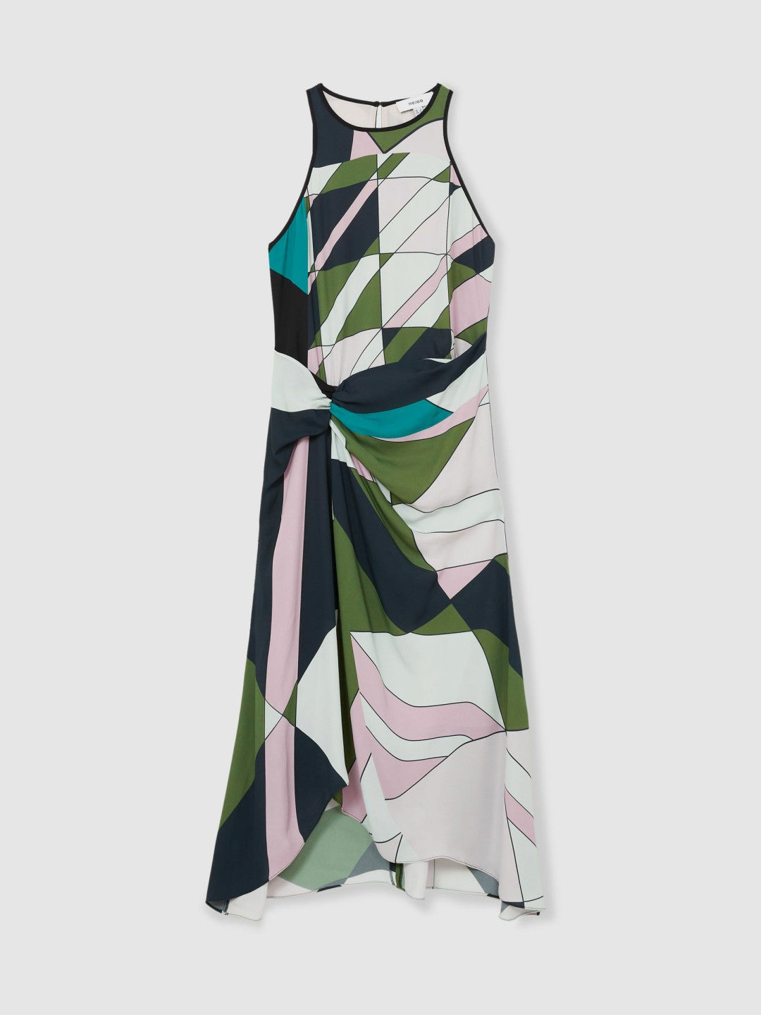 Geometric-Print Gathered Midi Dress in Green | Reiss Women Featured
