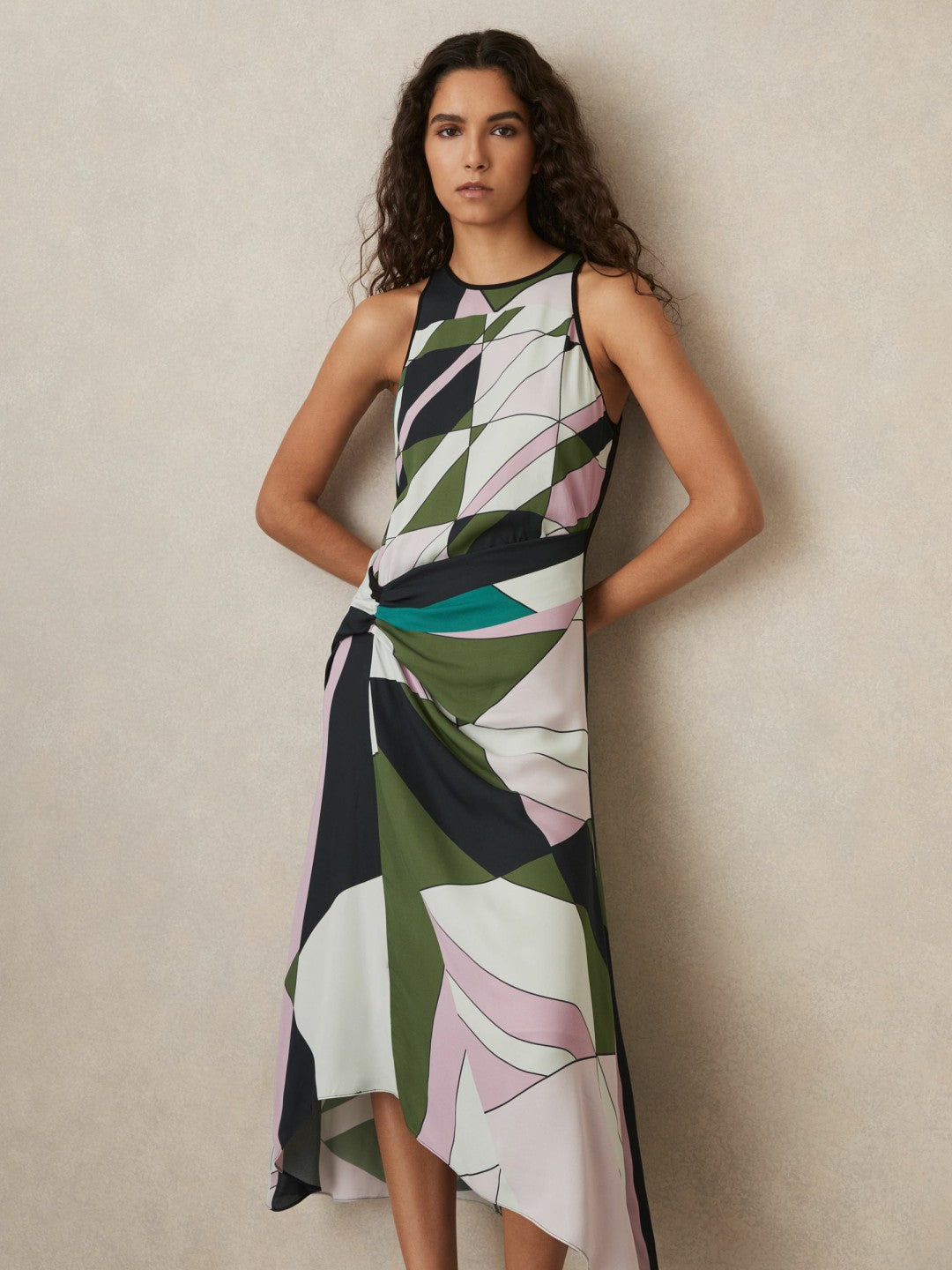 Geometric-Print Gathered Midi Dress in Green | Reiss Women Featured