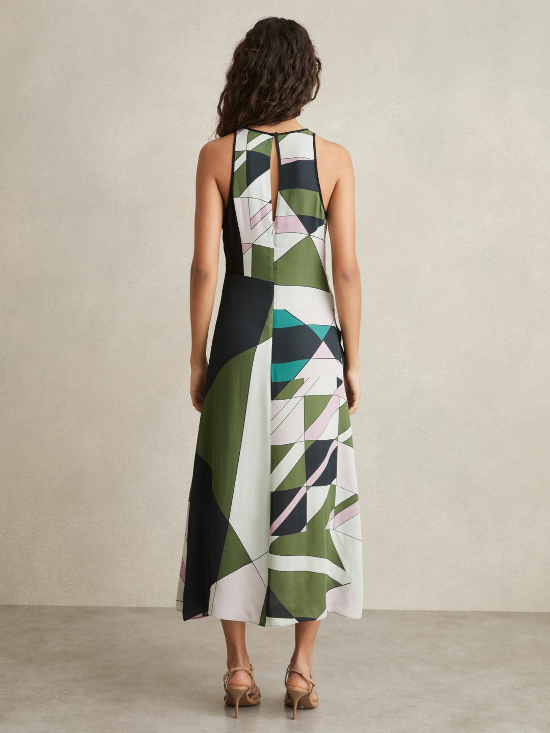 Geometric-Print Gathered Midi Dress in Green | Reiss Women Featured