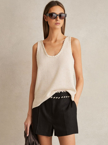 Linen Whipstitch Shorts in Black | Reiss Women Premium