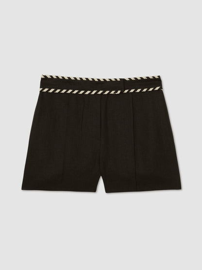 Linen Whipstitch Shorts in Black | Reiss Women Premium
