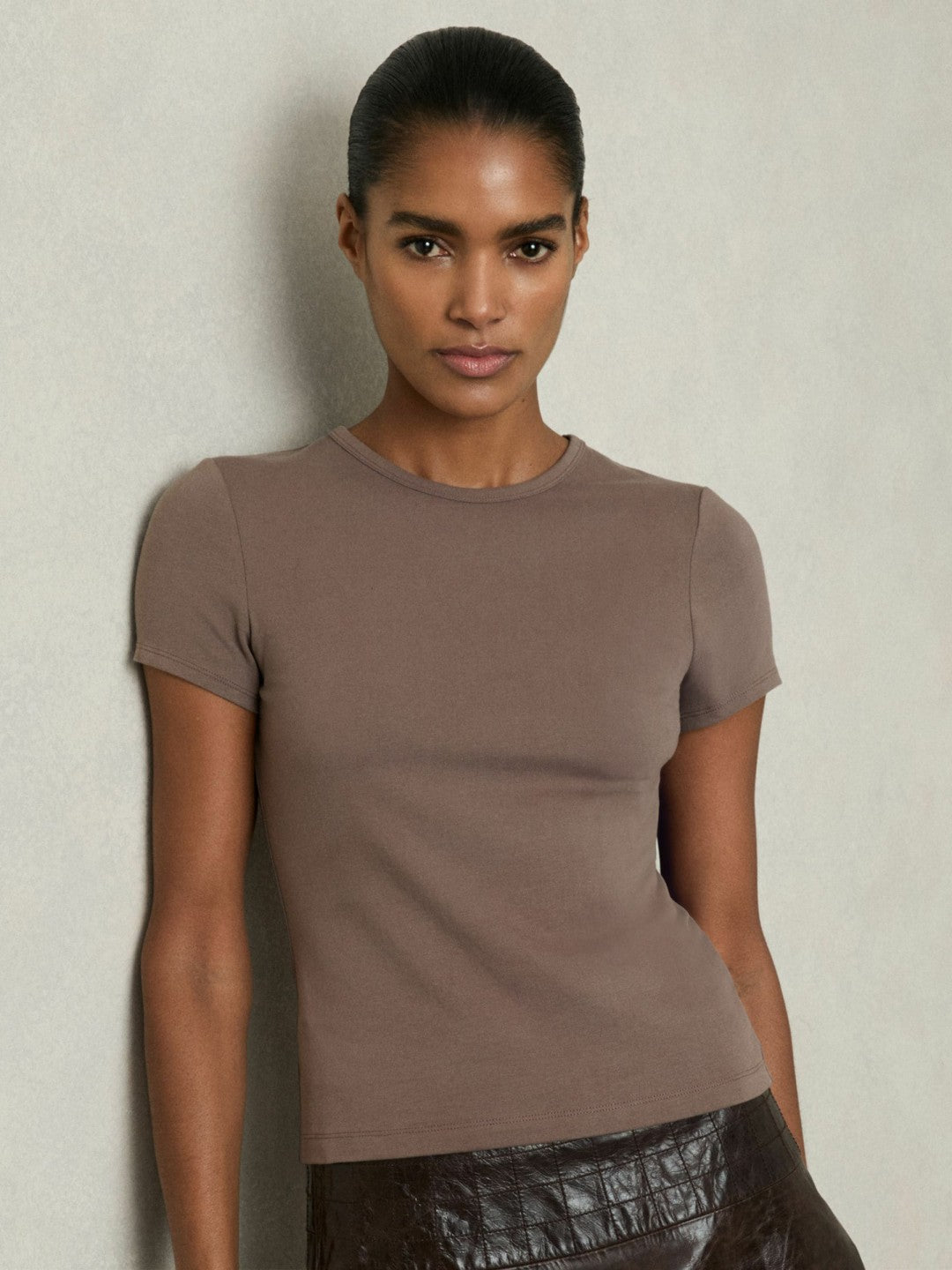 Stretch-Cotton Crew-Neck T-Shirt in Mink | Reiss Women Popular