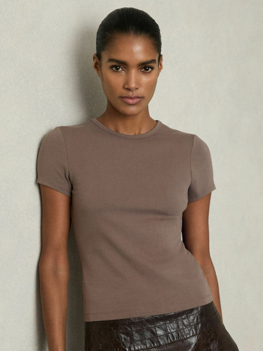 Stretch-Cotton Crew-Neck T-Shirt in Mink | Reiss Women Popular