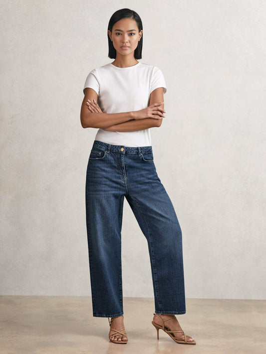 Petite Mid-Rise Straight-Leg Jeans in Mid Blue | Reiss Women Exclusive