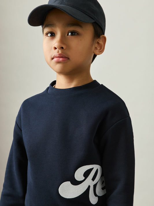 9-13 yrs Cotton-Blend Logo Script Sweatshirt in Navy | Reiss Children & Baby Best Seller