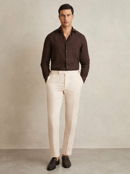 Linen Button-Through Shirt in Dark Brown | Reiss Men Recommended