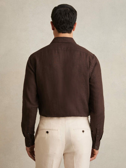 Linen Button-Through Shirt in Dark Brown | Reiss Men Recommended