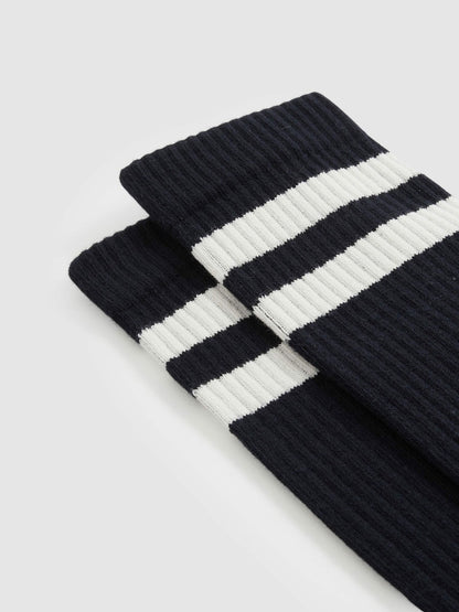 Cotton-Blend Double-Stripe Socks in Navy/Ecru | Reiss Men Best Seller