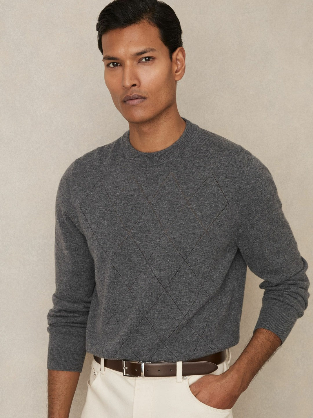 Leather Reversible Belt in Stone/Dark Brown | Reiss Men New