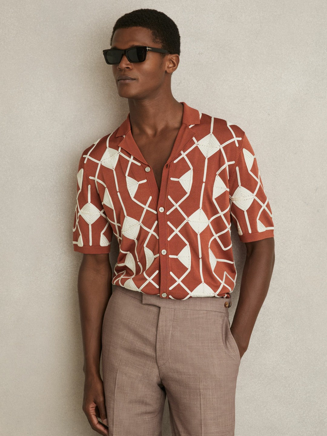 Geometric Embroidery Knit Shirt in Paprika Red | Reiss Men Signature