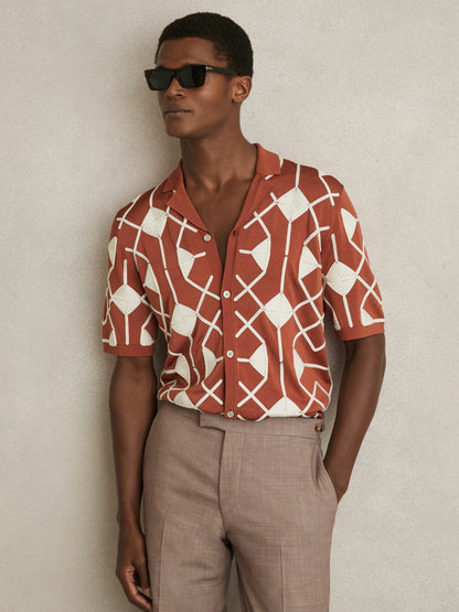 Geometric Embroidery Knit Shirt in Paprika Red | Reiss Men Signature