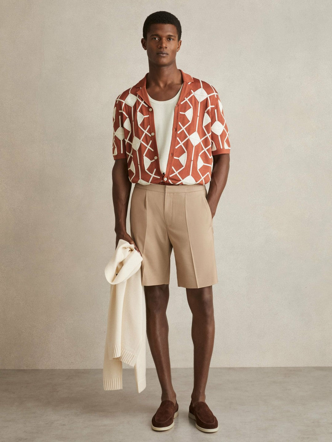 Geometric Embroidery Knit Shirt in Paprika Red | Reiss Men Signature
