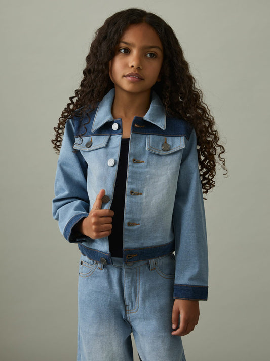 9-13 yrs Patchwork Two-Tone Denim Jacket in Blue | Reiss Children & Baby Recommended