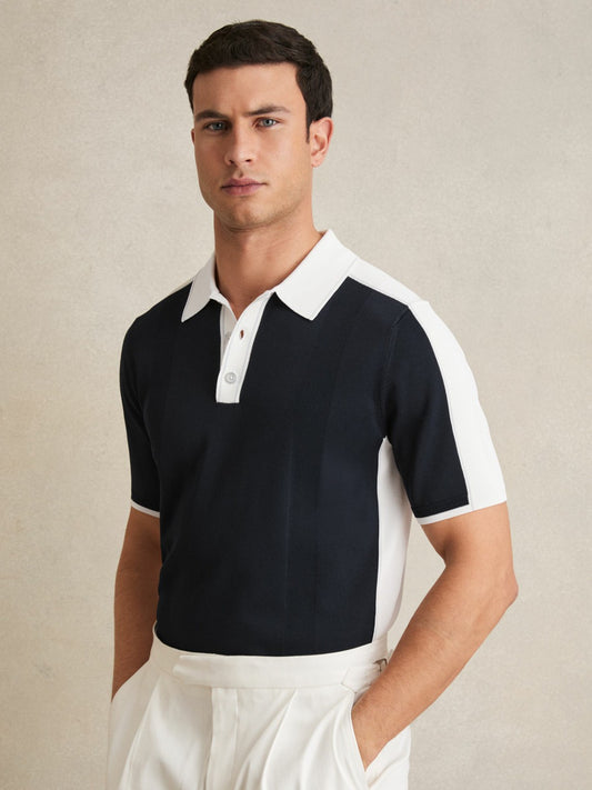 Colour-Block Knit Polo Shirt in Navy/White | Reiss Men Best Seller