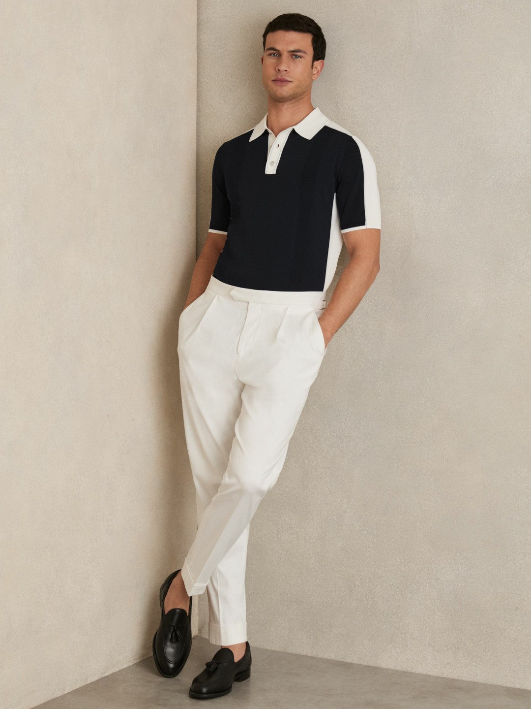 Colour-Block Knit Polo Shirt in Navy/White | Reiss Men Best Seller