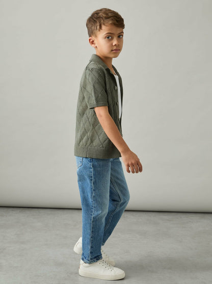 9-13 yrs Cotton Blend Diamond Knit Shirt in Dark Sage | Reiss Children & Baby Recommended
