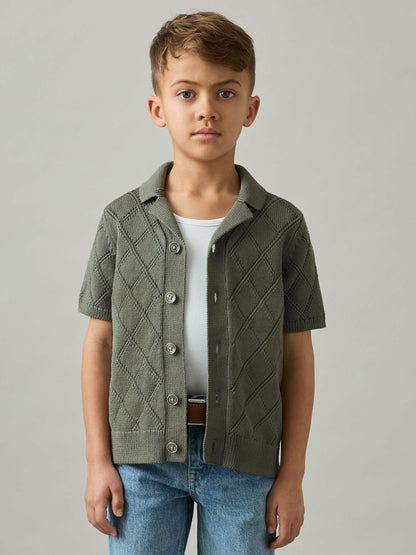 9-13 yrs Cotton Blend Diamond Knit Shirt in Dark Sage | Reiss Children & Baby Recommended