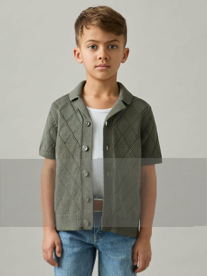 3-9 yrs Cotton Blend Diamond Knit Shirt in Dark Sage | Reiss Children & Baby Signature