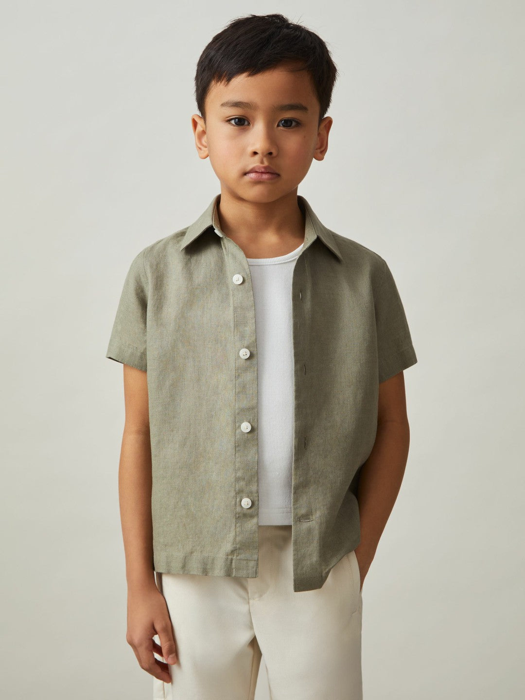 3-9 yrs Short Sleeve Linen Shirt in Thyme Green | Reiss Children & Baby Premium