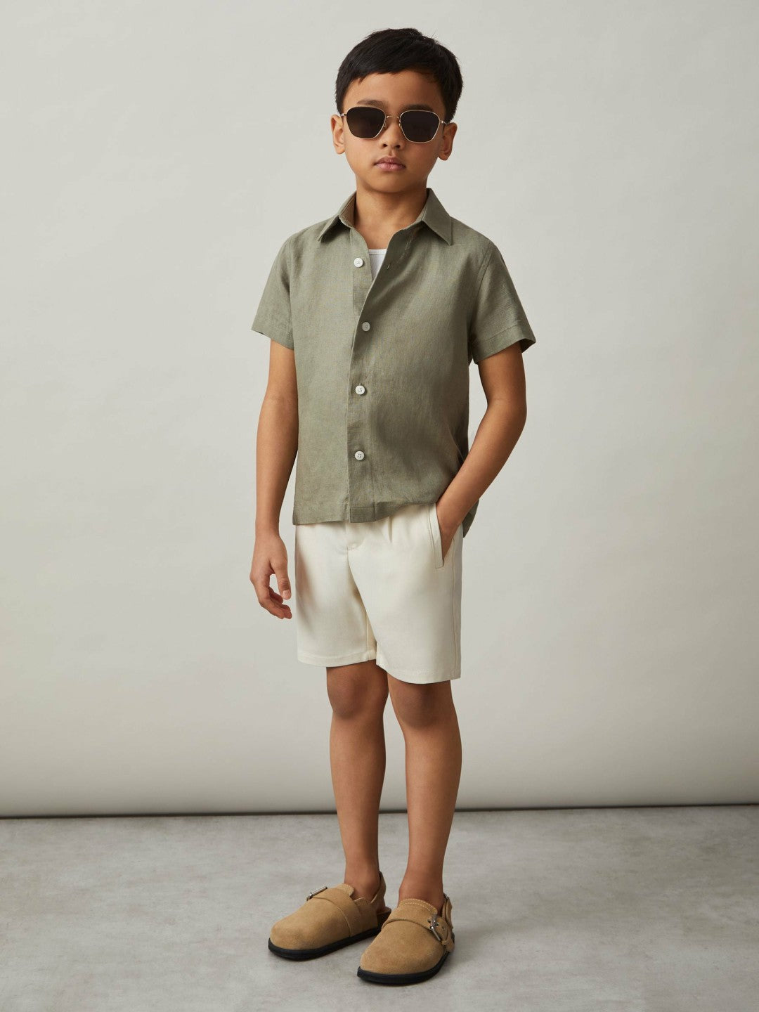 3-9 yrs Short Sleeve Linen Shirt in Thyme Green | Reiss Children & Baby Premium