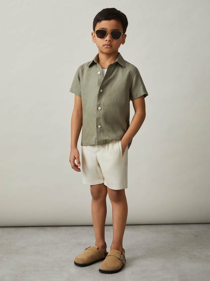 3-9 yrs Short Sleeve Linen Shirt in Thyme Green | Reiss Children & Baby Premium