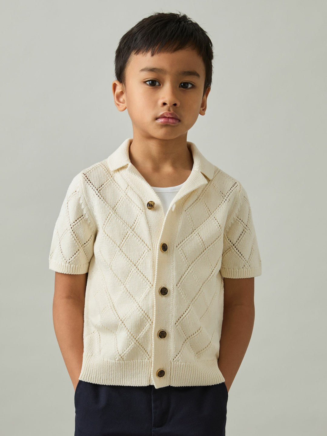 9-13 yrs Cotton Blend Diamond Knit Shirt in Off White | Reiss Children & Baby Popular