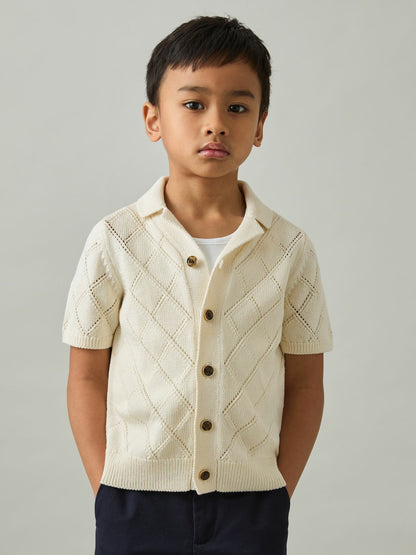 9-13 yrs Cotton Blend Diamond Knit Shirt in Off White | Reiss Children & Baby Popular