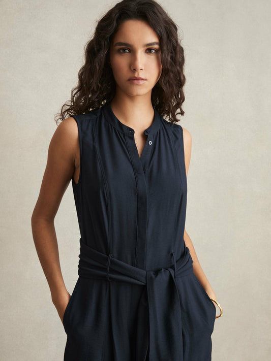 Petite Wide-Leg Belted Jumpsuit in Navy | Reiss Women Recommended