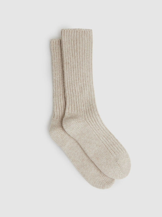 Rib-Knit Socks With Cashmere in Oatmeal | Reiss Women Premium