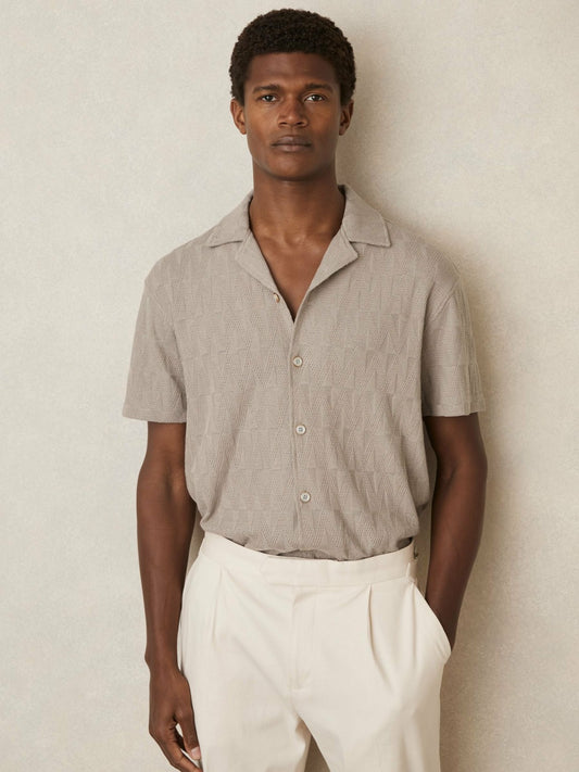 Cotton Textured Cuban-Collar Shirt in Mink Brown | Reiss Men Recommended