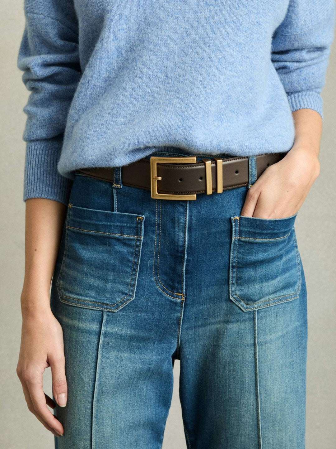 Leather Square Buckle Belt in Chocolate | Reiss Women Best Seller