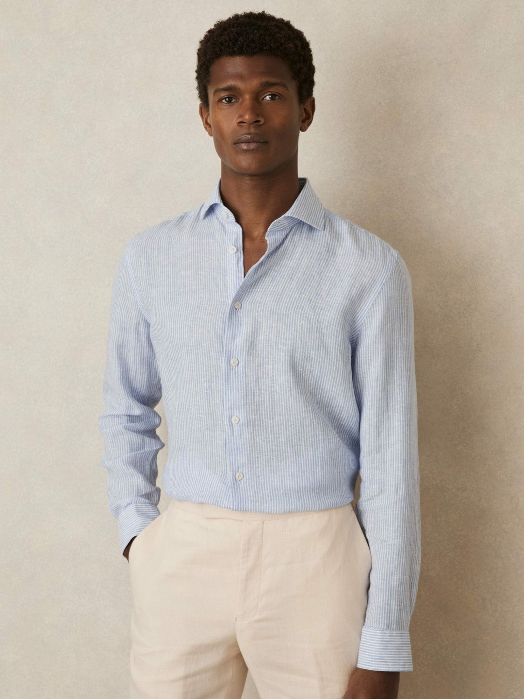 Linen Striped Long Sleeve Shirt in Soft Blue/White Fine Stripe | Reiss Men Popular