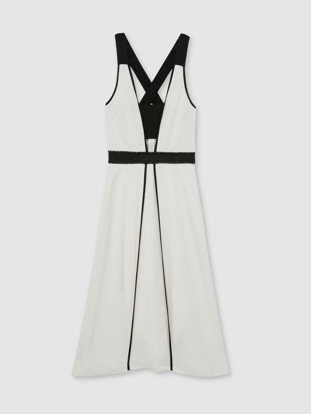 Contrast Trim Flared Midi Dress With Linen in Ivory/Black | Reiss Women Premium