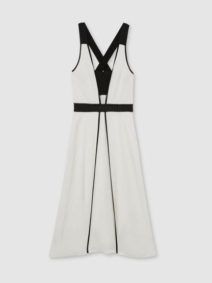 Contrast Trim Flared Midi Dress With Linen in Ivory/Black | Reiss Women Premium