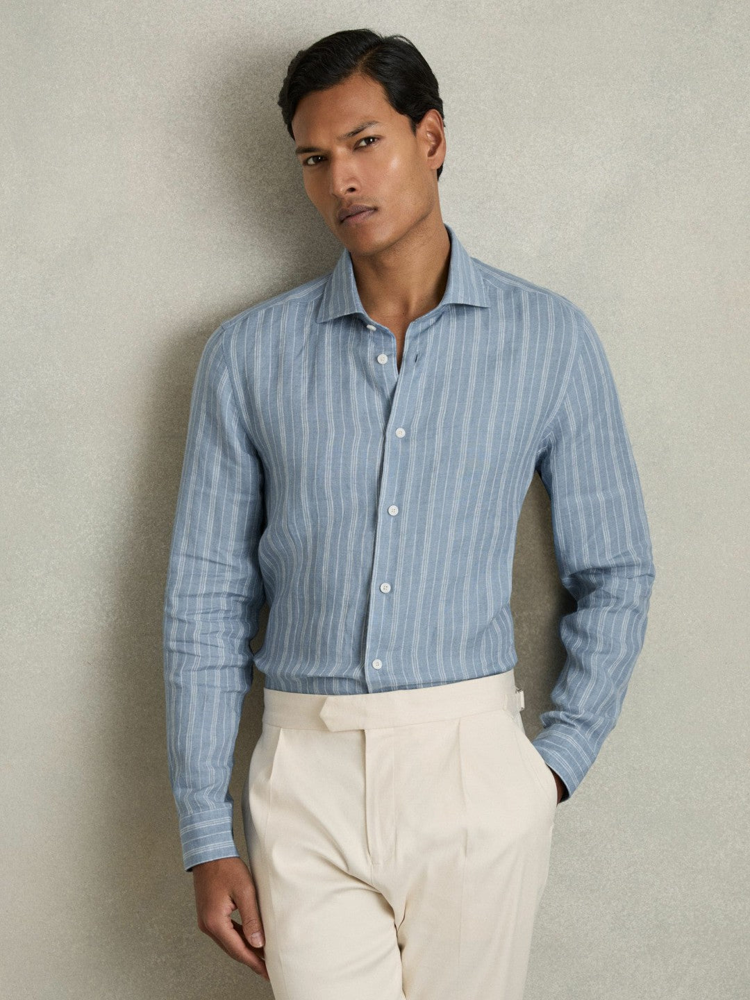 Linen Striped Long Sleeve Shirt in Airforce Blue/White Bengal Stripe | Reiss Men Best Seller