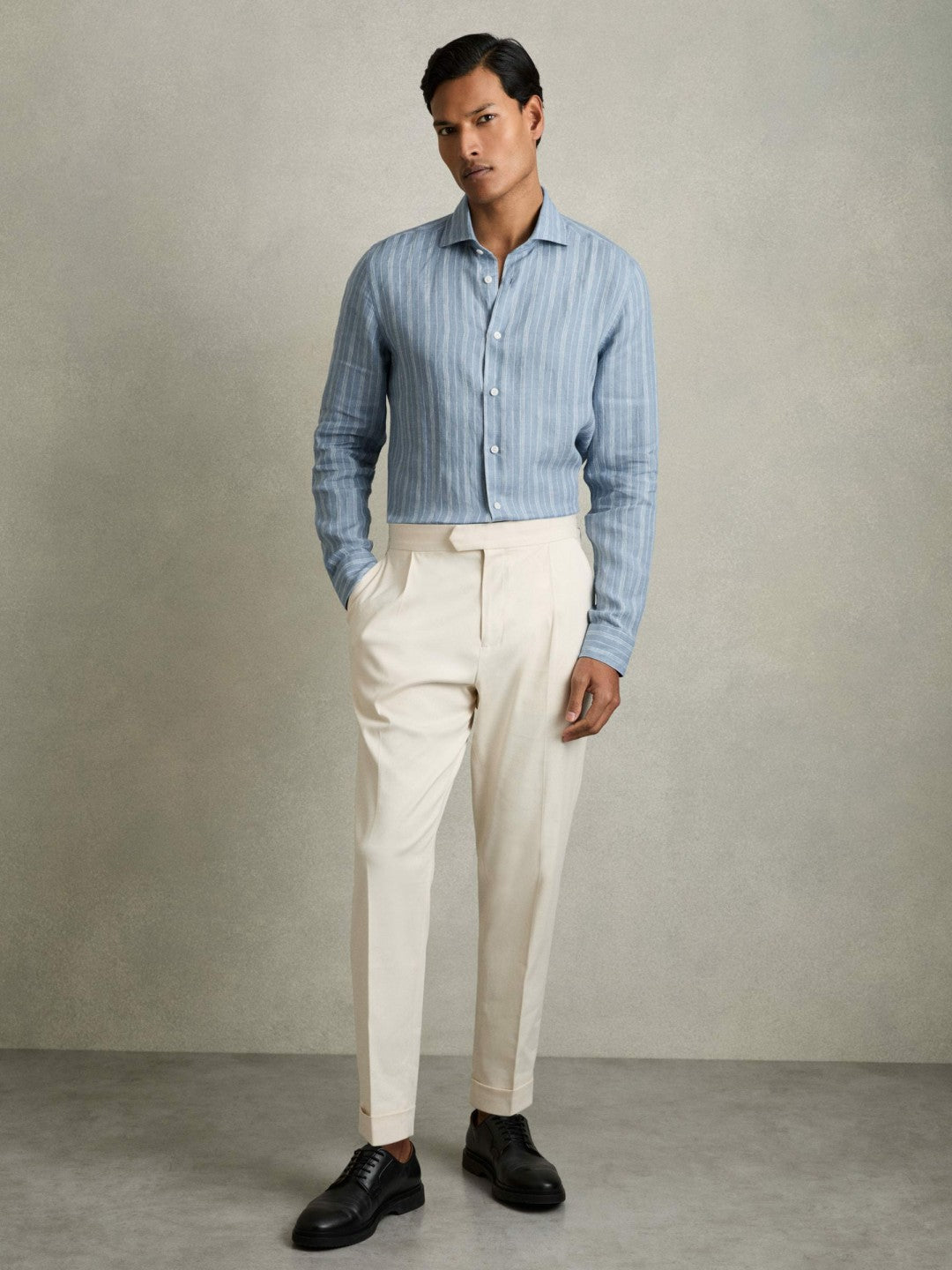 Linen Striped Long Sleeve Shirt in Airforce Blue/White Bengal Stripe | Reiss Men Best Seller