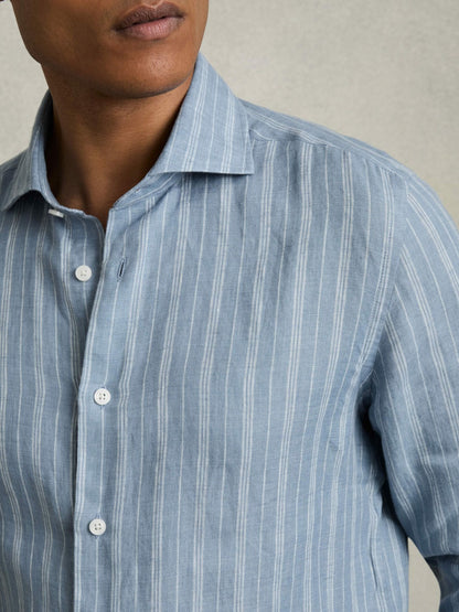 Linen Striped Long Sleeve Shirt in Airforce Blue/White Bengal Stripe | Reiss Men Best Seller