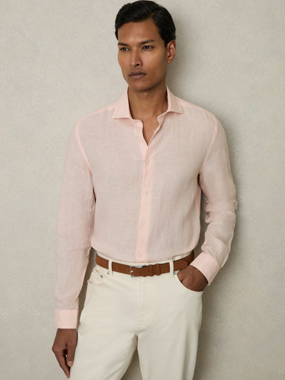 Linen Button-Through Shirt in Prep Pink | Reiss Men Premium