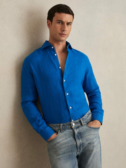 Linen Button-Through Shirt in Bright Blue | Reiss Men Exclusive