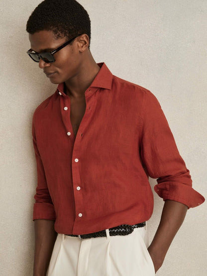 Linen Button-Through Shirt in Paprika Red | Reiss Men Premium