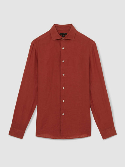 Linen Button-Through Shirt in Paprika Red | Reiss Men Premium