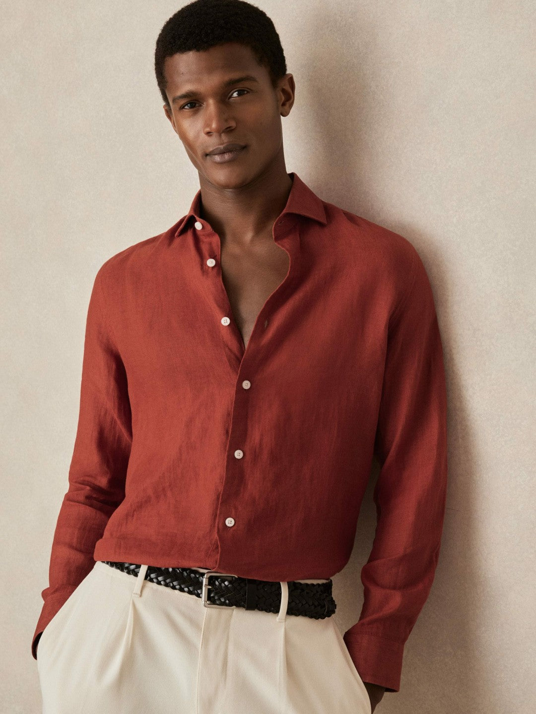 Linen Button-Through Shirt in Paprika Red | Reiss Men Premium