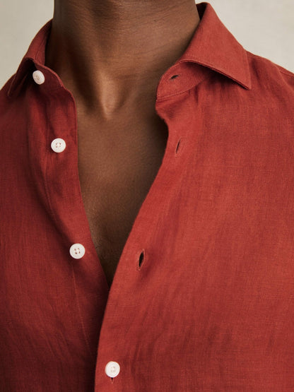 Linen Button-Through Shirt in Paprika Red | Reiss Men Premium