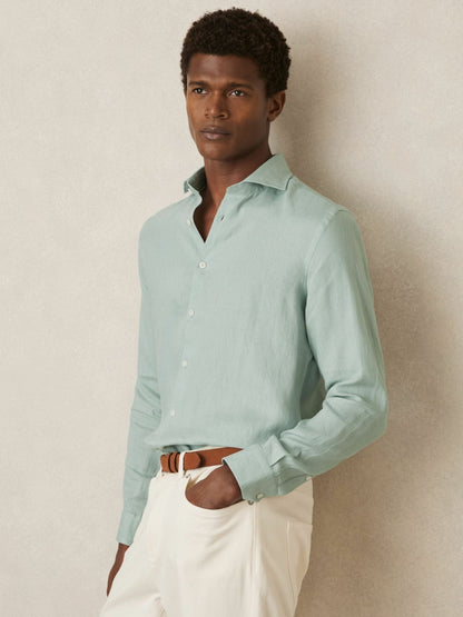 Linen Button-Through Shirt in Ocean Green | Reiss Men Exclusive