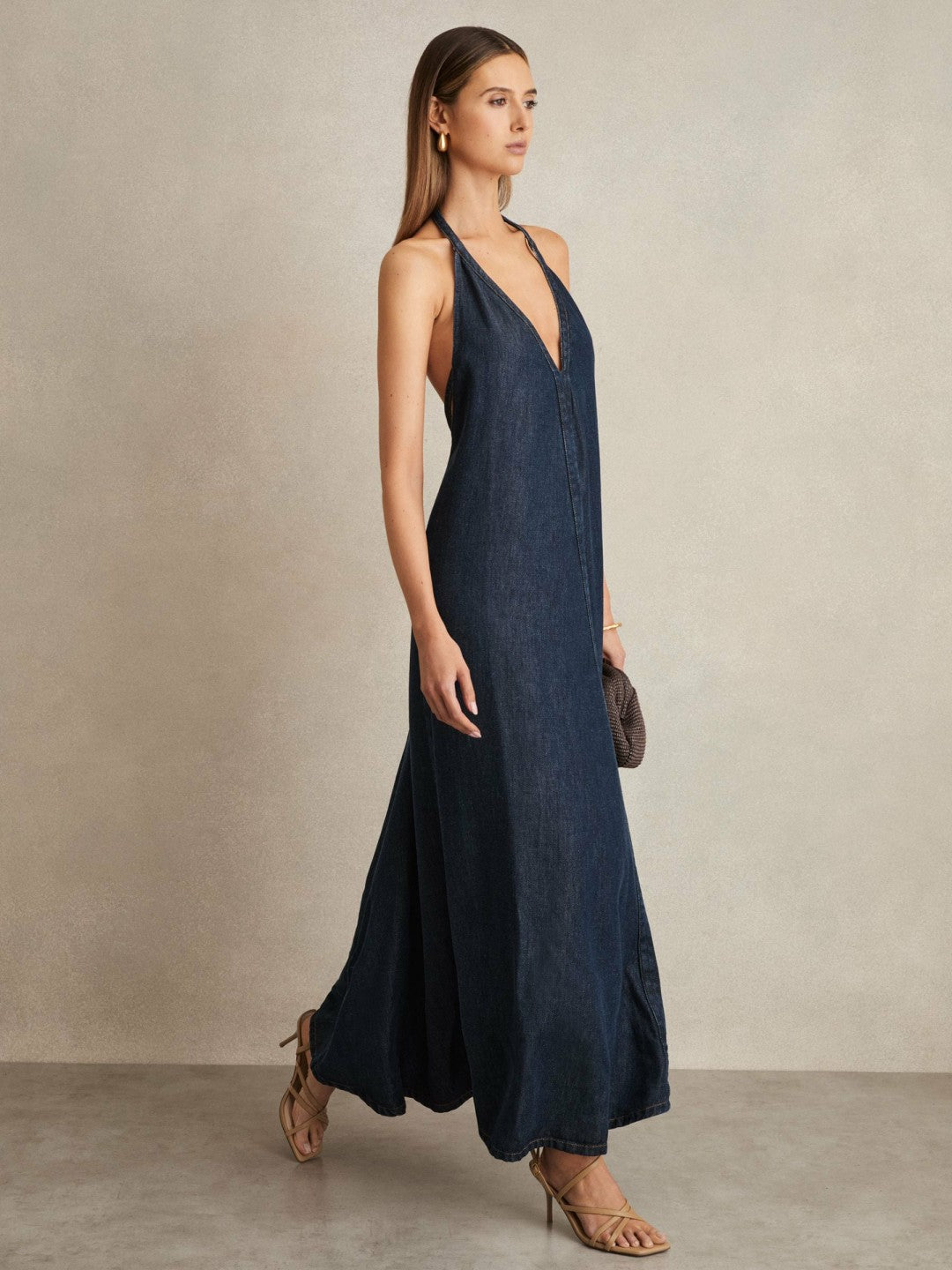 Denim Halterneck Maxi Dress in Indigo | Reiss Women Featured